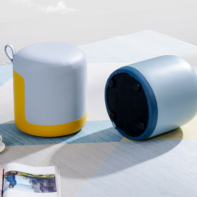 Modern Cylinder Shape Pouf Chair Contrast Color PU Leather Water Resistant Boucle Pouf