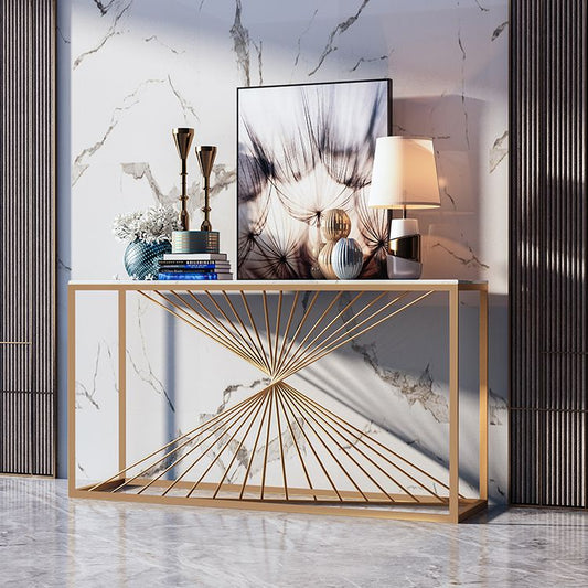 Glam Rectangle Console Table Antique Finish Console Sofa Table in Marble