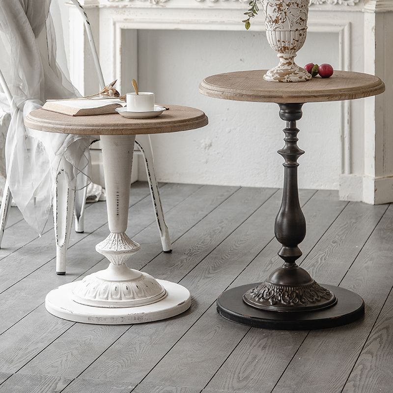 Wood Round Top Side Table Metal Base End Table - Distressed Surface Treatment