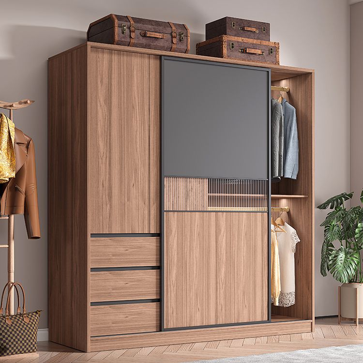 Contemporary Freestanding Wardrobe Armoire Brown Wood Wardrobe with Drawers