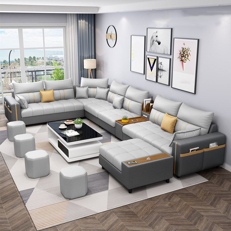 Square Arm Cotton Blend and Faux Leather Sectionals Sofas with Storage Clearhalo 'furn' 'furn_sectionals' 'Furniture' 'furniture_sectionals' 'kitchen' 'kitchen_sectionals' 'Living Room Furniture' 'Sectionals' 1200x1200_8af1a42d-67ac-459a-8668-d09811495855