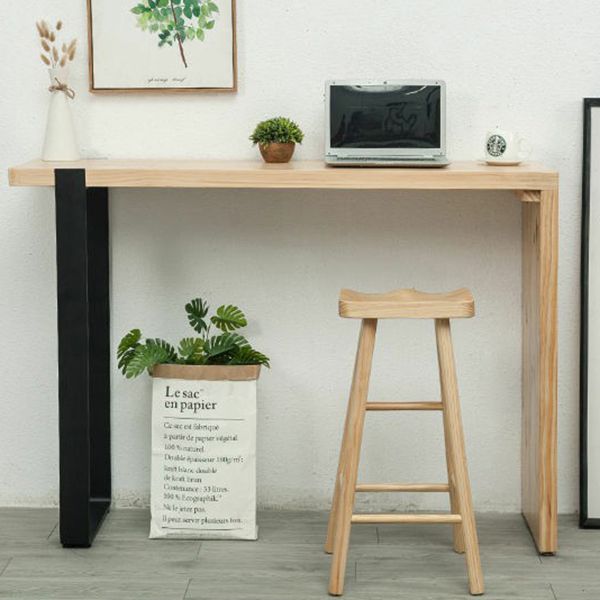 Table de bar rectangulaire avec plateau en bois de pin, table de bistro moderne avec double piédestal