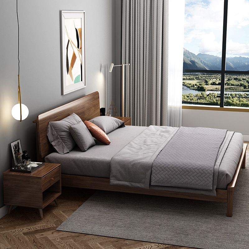 Mid-Century Modern Panel Bed with Brown Penal Headboard and Wooden Legs