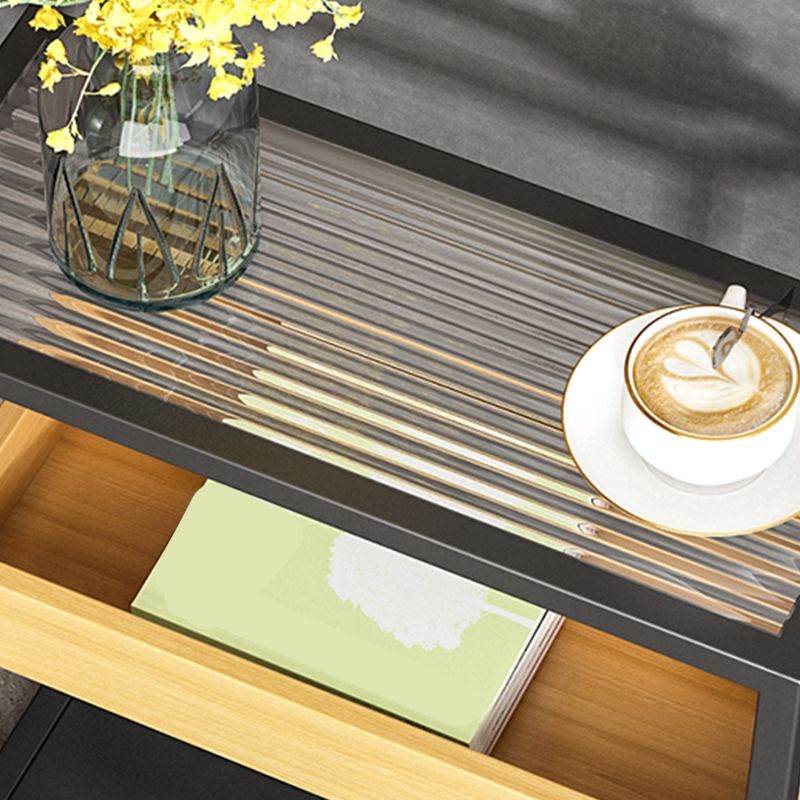 21.6" Tall Modern Rectangular Glass Top Side Table Iron Frame End Table with Shelves