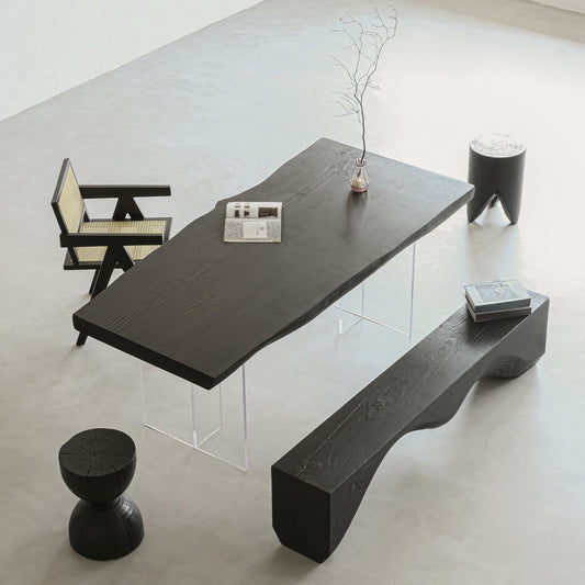 Mesa de comedor irregular al estilo contemporáneo de madera maciza mesa negra