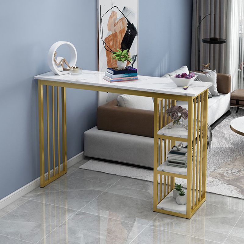 Mesa industrial rectangular con altura de barra, mesa de bar de madera sintética con base de almacenamiento