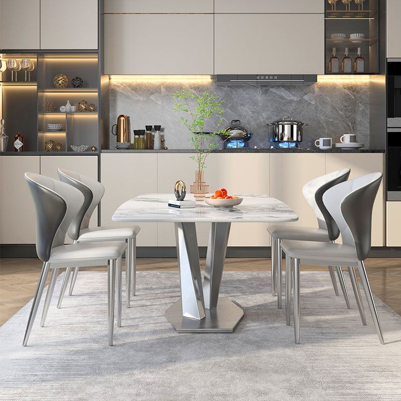 Juego de encimera de piedra sinterizada, mesa de comedor rectangular de 1/4/5/7 piezas y sillas de cuero con respaldo orejero