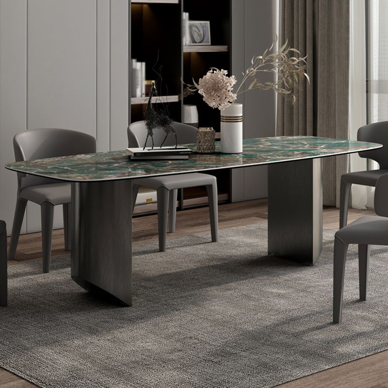 Sintered Stone Modern Rectangle Dining Table Green Stone Top Table with Metal Double Pedestal Clearhalo ' dining_table' 'Dining Tables & Seating' 'Dining Tables' 'furn' 'furn_dining_table' 'Furniture' 'furniture_dining_table' 'Kitchen & Dining Furniture' 'kitchen&dining_furn' 'kitchen' 'kitchen_dining_table' 1200x1200_8bce8295-9e4e-4ff7-8bfa-e8d9ffd432a9