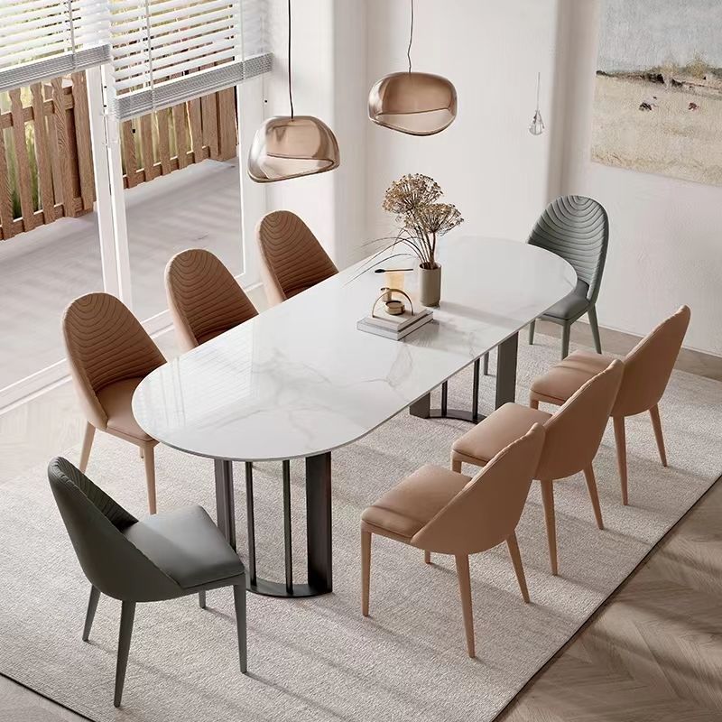 Modern White Stone Top Dinner Table Oval Metal Double Pedestal Dining Table Clearhalo 'Dining Tables & Seating' 'Dining Tables' 'dining_table' 'furn' 'furn_dining_table' 'Furniture' 'furniture_dining_table' 'Kitchen & Dining Furniture' 'kitchen' 'kitchen_dining_table' 1200x1200_8beb6fe7-9299-4492-8e94-b8e8954a92cf