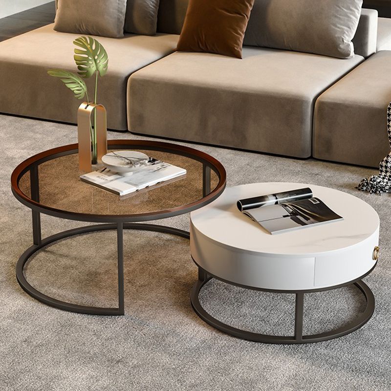 Round Brown Glass Coffee Table with Drawers Frame 2 Nesting Cocktail Table Clearhalo 'Coffee & Accent Tables' 'Coffee Tables' 'coffee_tables' 'furn' 'furn_coffee_tables' 'Furniture' 'furniture_coffee_tables' 'Living Room Furniture' 1200x1200_8c0d495b-2c4d-464c-b84d-058faa9bf5f0