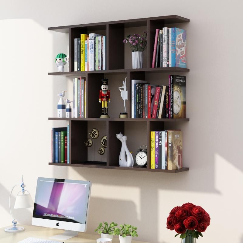 Modern Wall Mounted Shelf Bookcase Horizontal Engineered Wood Bookshelf