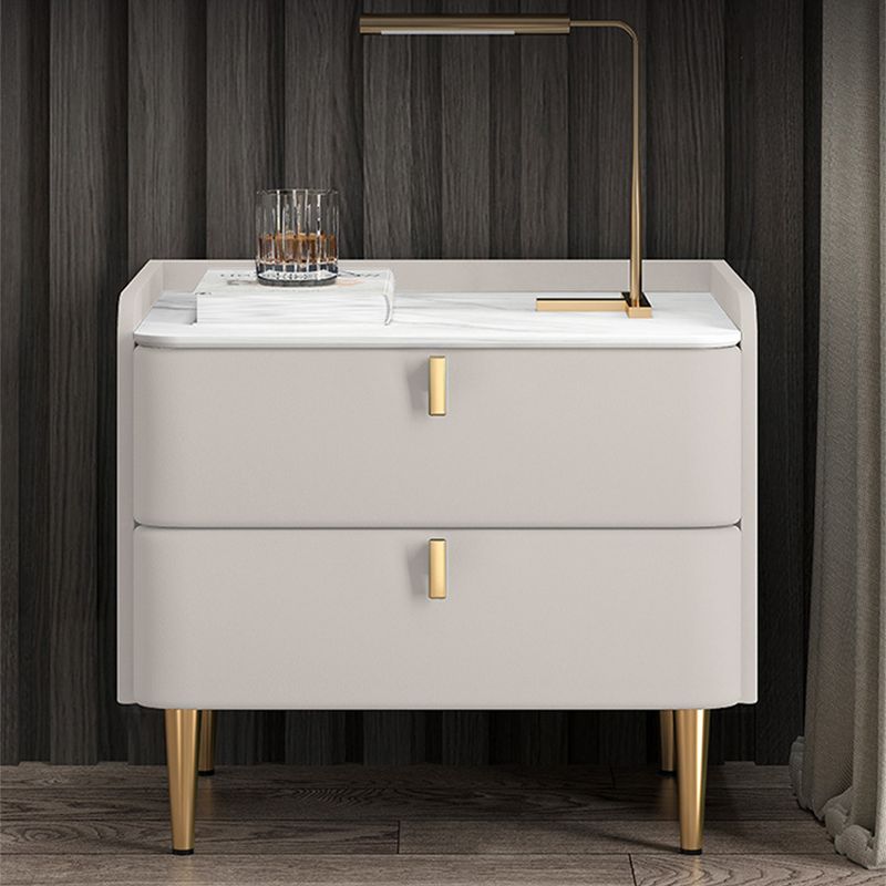 Massivholz Rahmen zwei Schubladen Ledergrau/Khaki/Beige/Blau Gold Tischbein Nachttisch