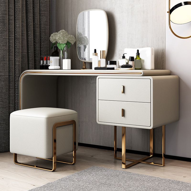 Luxurious Leather Vanity Makeup Table Set 2 Drawers Vanity Table with Mirror & Stool