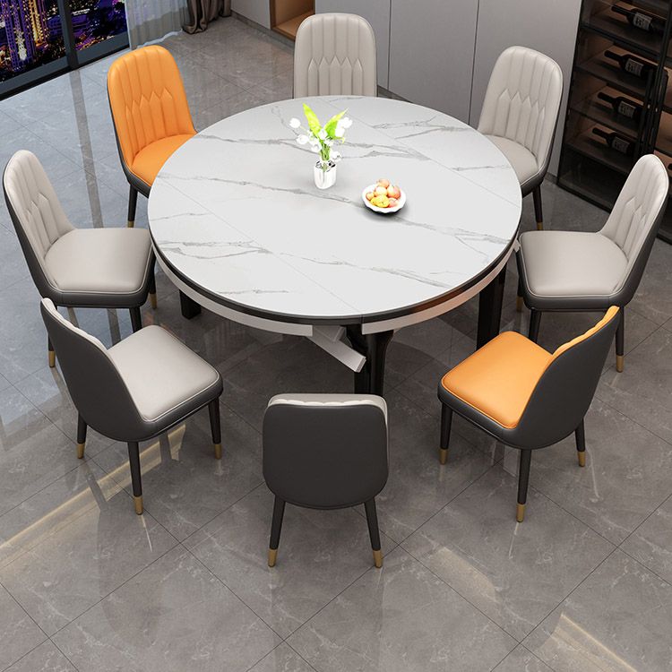 Tavolo da pranzo moderno rotondo in pietra con base in legno di gomma per sala da pranzo