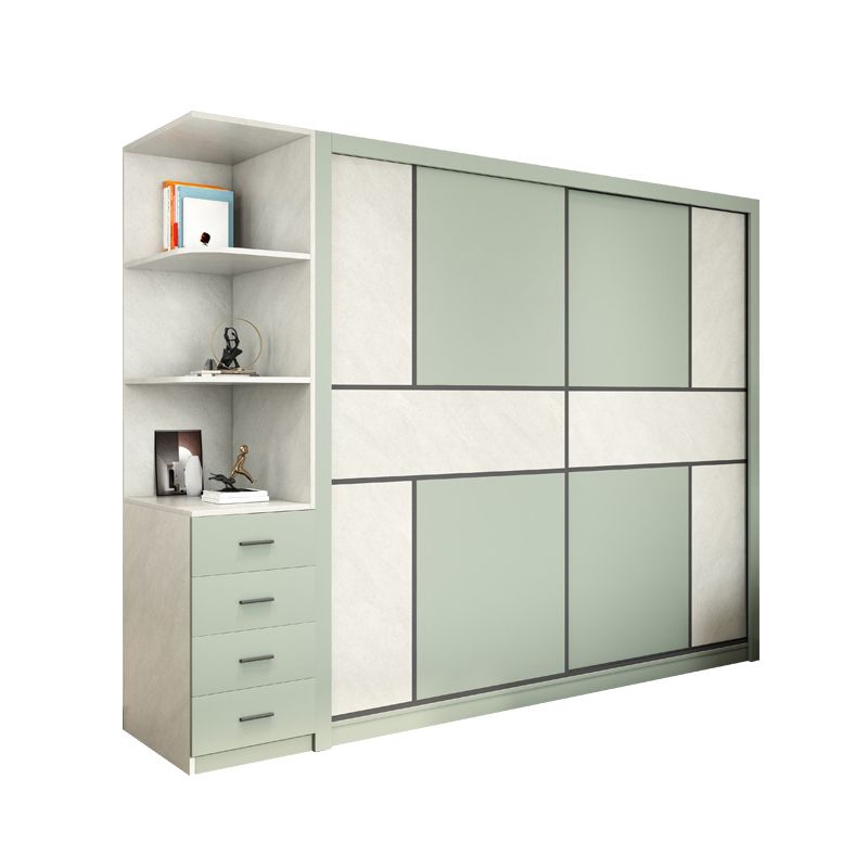 Green and White Bedroom Storage Cabinet Modern Sliding Door Cabinet with Drawers
