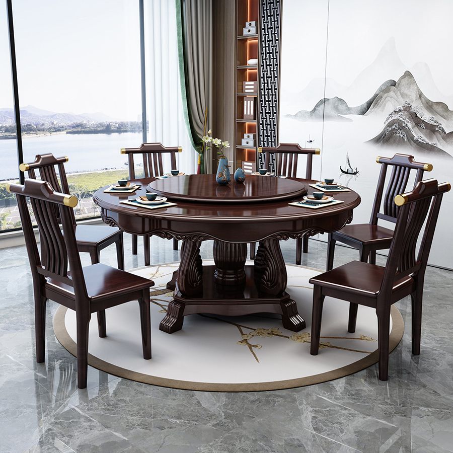 Glossy Brown Wood Dinette Table with Pedestal Traditional Round Dining Table