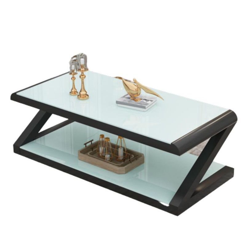 17.7"H Rectangle Glass Coffee Table Steel Abstract Base Cocktail Table with Shelf Clearhalo 'Coffee & Accent Tables' 'Coffee Tables' 'coffee_tables' 'furn' 'furn_coffee_tables' 'Furniture' 'Living Room Furniture' 1200x1200_8c692c3f-ce77-41a1-85ee-800d2e23795a