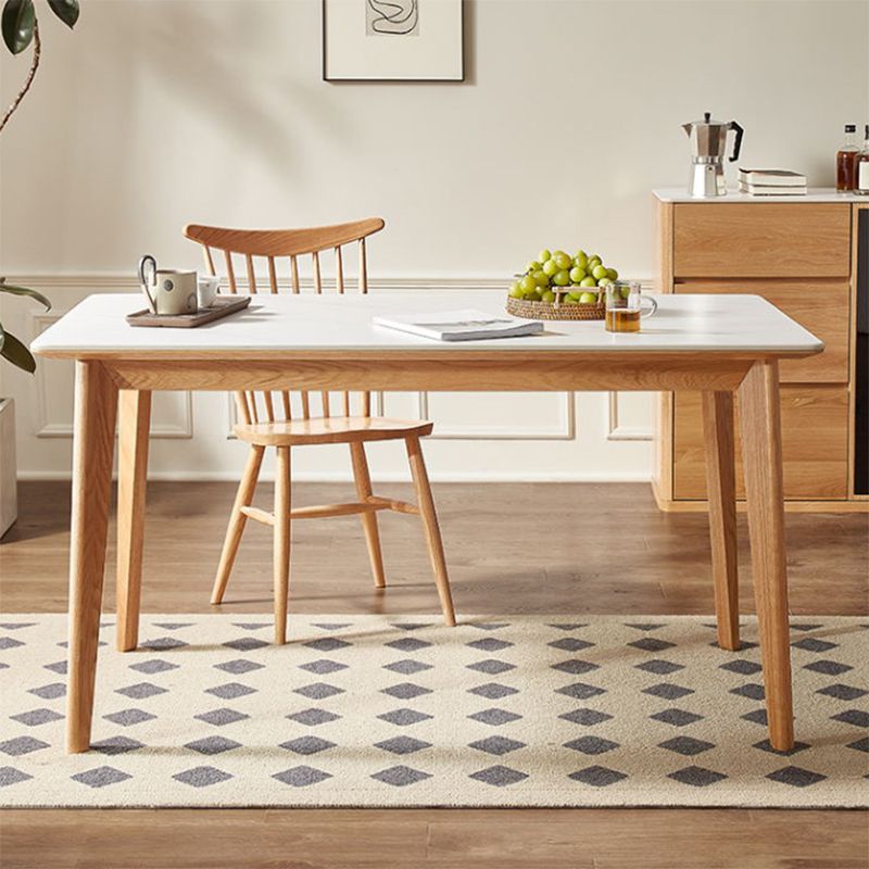 Modern Rectangular White Stone Top Dining Table with 4 Natural Oak Legs Clearhalo 'Dining Tables & Seating' 'Dining Tables' 'dining_table' 'furn' 'furn_dining_table' 'Furniture' 'Kitchen & Dining Furniture' 1200x1200_8c9f5b5f-8322-470f-bfe4-80111acbfc97