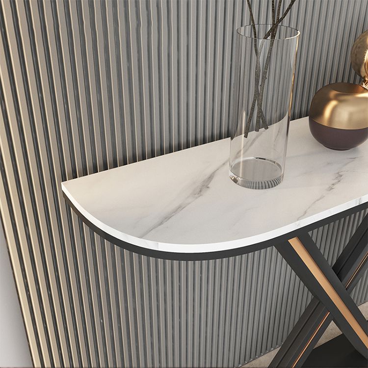 Half Moon Stone Top Accent Table with Black Iron Pedestal Base Clearhalo 'Console Tables' 'console_tables' 'Entry & Mudroom Furniture' 'furn' 'furn_console_tables' 'Furniture' 1200x1200_8ca5b842-060e-4ac7-8110-edac457abc12