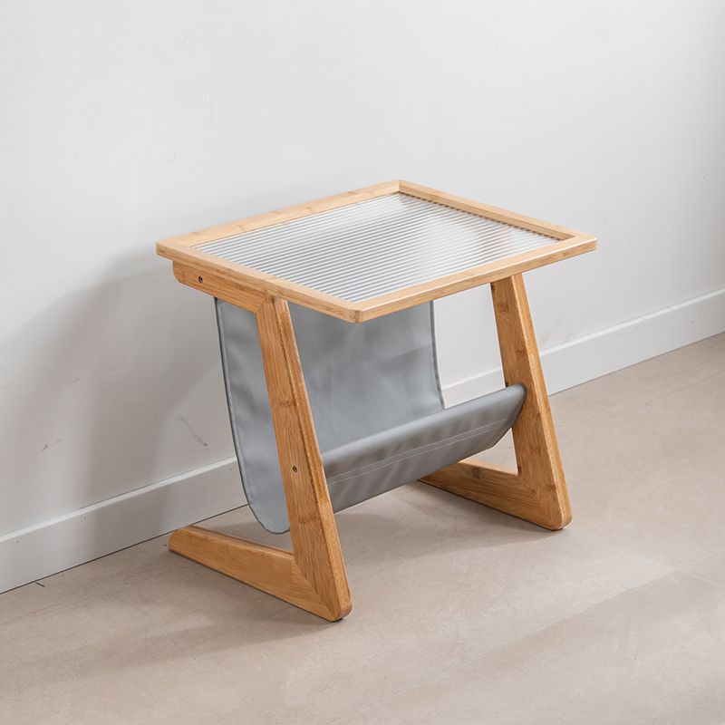 Mesa lateral de vidrio rectángulo moderno Mesa de base abstracta de madera con soporte de revista