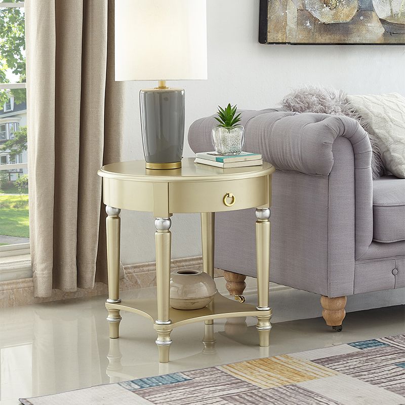 4 Legs Solid Oak Drawer Side Table Round End Table with Shelf