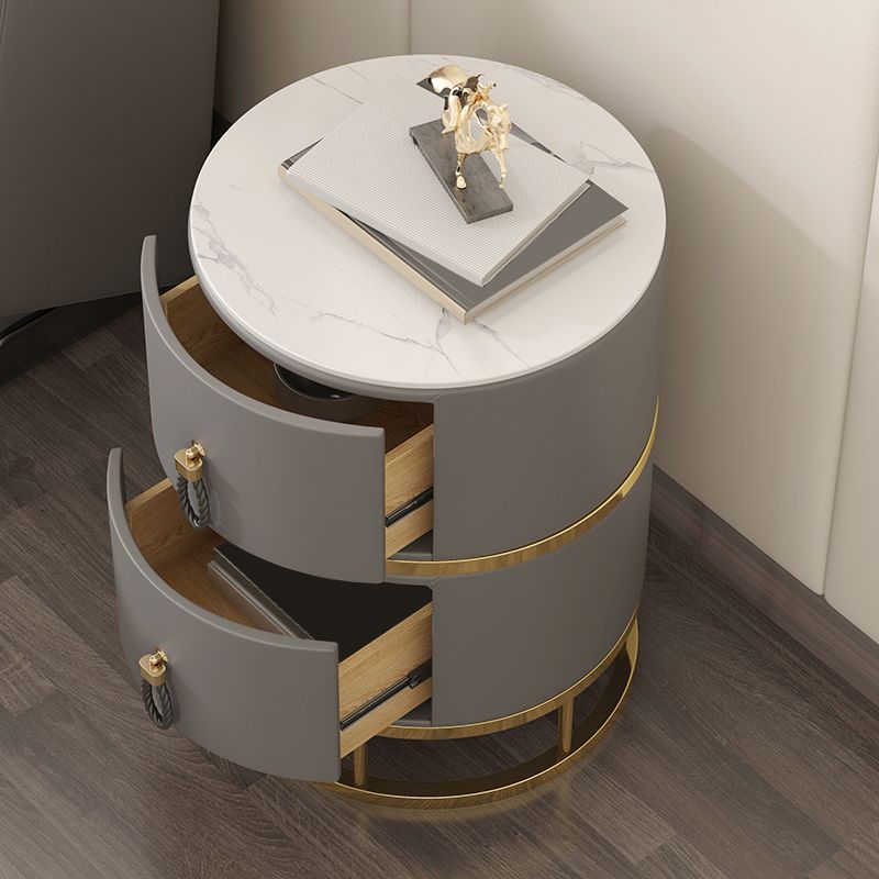 Glam Stone Top Nightstand 20 inch H 2-Drawer Faux Leather Night Table