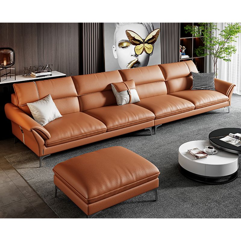 Contemporary Tan Leather Sectional Pillow Top Arm Sofa and Chaise for Living Room Clearhalo 'furn' 'furn_sectionals' 'Furniture' 'furniture_sectionals' 'kitchen' 'kitchen_sectionals' 'Living Room Furniture' 'Sectionals' 1200x1200_8d0a0a14-1408-4abb-b9f3-12f7997ec09e