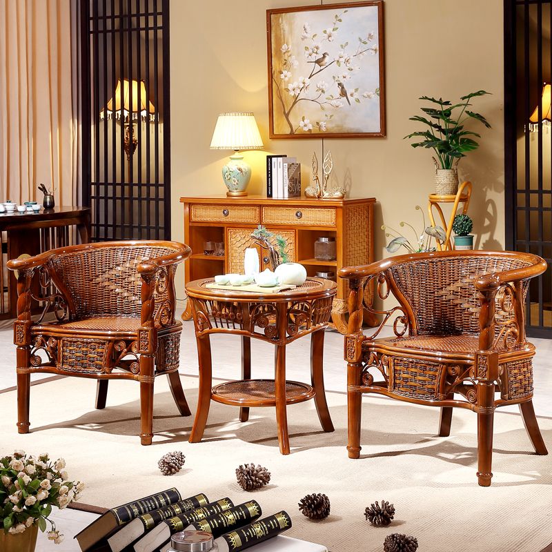 Traditional Dining Chair Rattan Solid Wood Base Arm Chair for Home Use