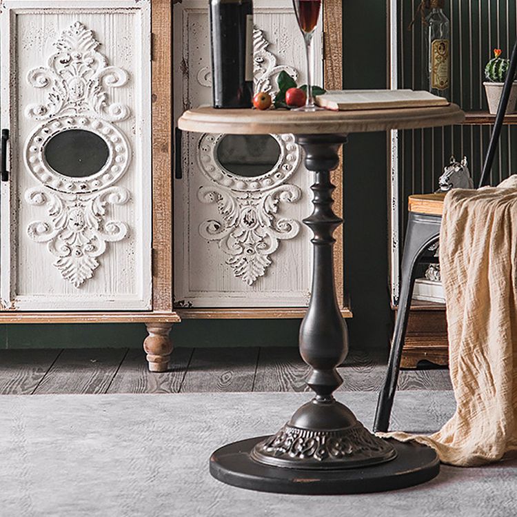 Wood Round Top Side Table Metal Base End Table - Distressed Surface Treatment