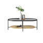 Glass Cross Legs Cocktail Table with Wood Accents Elliptical Coffee Table