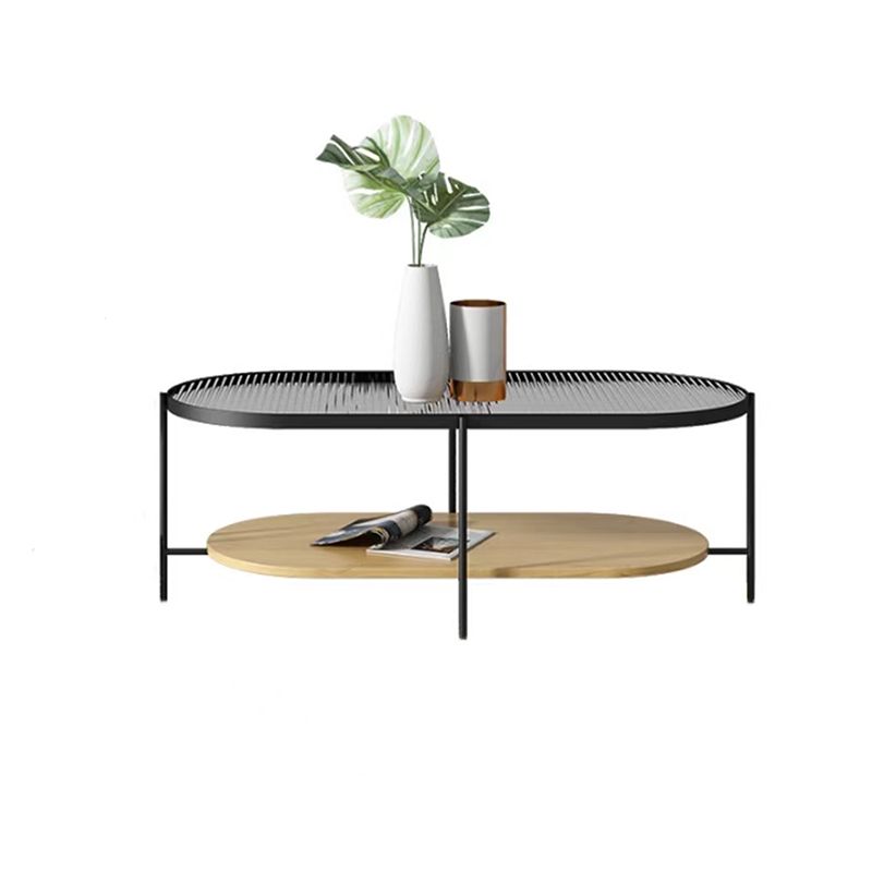 Table de cocktails en verre en verre avec accents en bois table basse elliptique