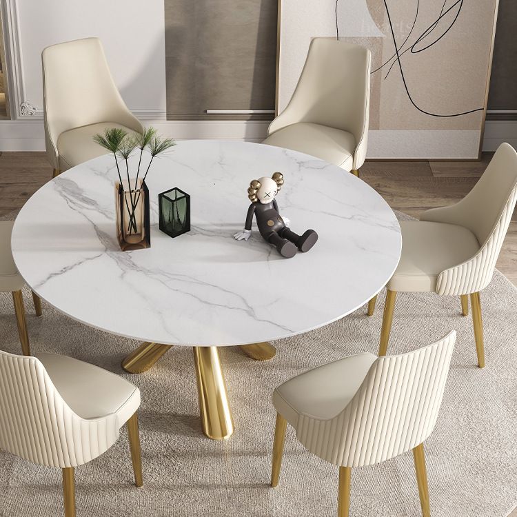 Stone Top Dining Table Contemporary Dining Table with Pedestal Base in Gold Clearhalo 'Dining Tables & Seating' 'Dining Tables' 'dining_table' 'furn' 'furn_dining_table' 'Furniture' 'furniture_dining_table' 'Kitchen & Dining Furniture' 'kitchen' 'kitchen_dining_table' 1200x1200_8d7fd5ae-4b67-4aa3-aaec-29c56e1eb3af
