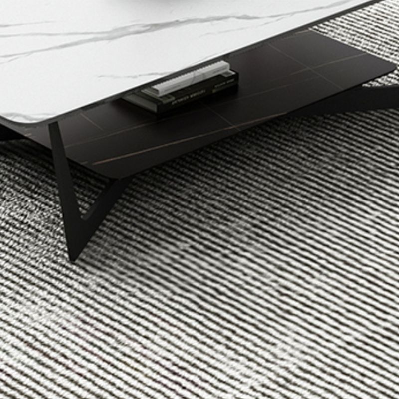 Rectangle Stone Top Cocktail Table with Cross Leg and Storage Shelf