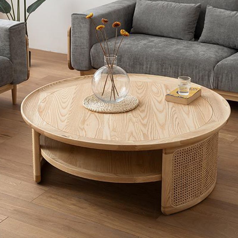 Wooden 1 Single Cocktail Table with Shelf Round Coffee Table