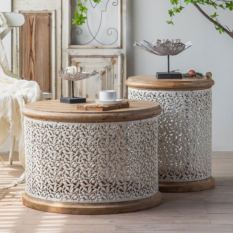 French Country Wood Round Tray Coffee Table Iron Drum Cocktail Table