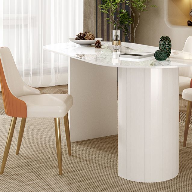 Mesa de comedor ovalada moderna, mesa de comedor de piedra con pedestal doble de hierro