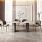 Juego de comedor de piedra sinterizada, mesa rectangular moderna y sillas tapizadas