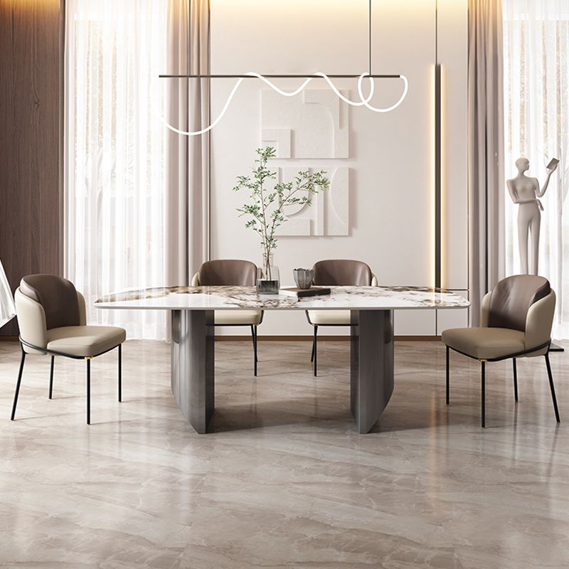 Juego de comedor de piedra sinterizada, mesa rectangular moderna y sillas tapizadas