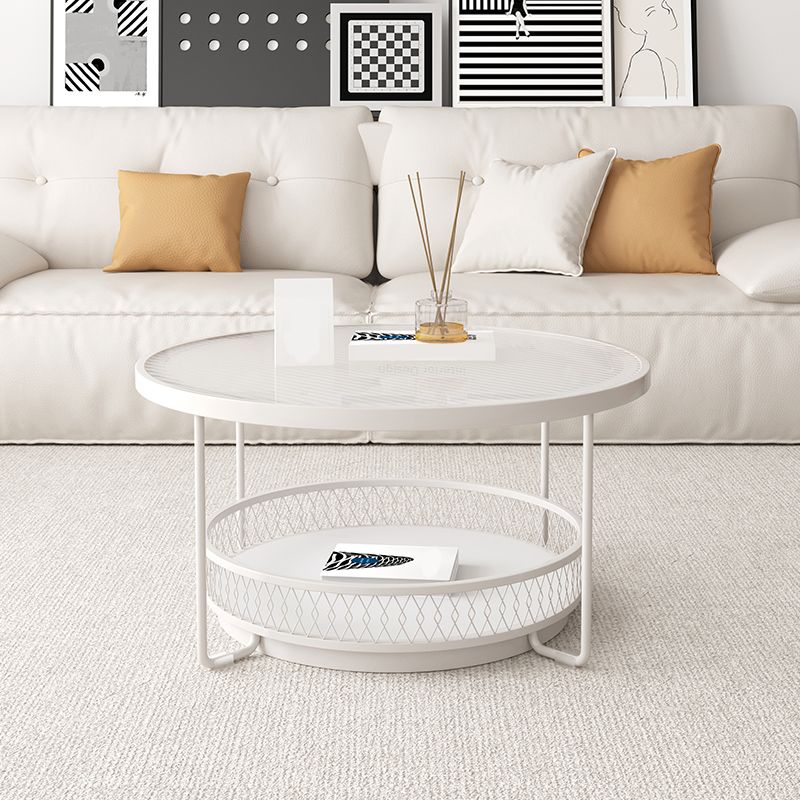 Iron 4 Legs Cocktail Table Round Glass Top Coffee Table with Shelf Clearhalo 'Coffee & Accent Tables' 'Coffee Tables' 'coffee_tables' 'furn' 'furn_coffee_tables' 'Furniture' 'Living Room Furniture' 1200x1200_8e1a0641-a704-4dbc-8366-c7c2490cf871