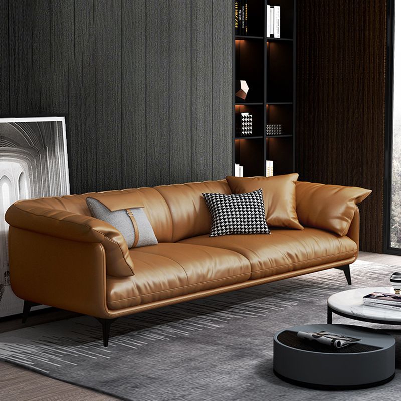 Tan Cushion Back Contemporary Stain-Resistant Genuine Leather Sofa Clearhalo 'furn' 'furn_sectionals' 'Furniture' 'furniture_sectionals' 'kitchen' 'kitchen_sectionals' 'Living Room Furniture' 'Sectionals' 1200x1200_8e20ce4a-aaf5-438c-b28a-b7b8295c3834