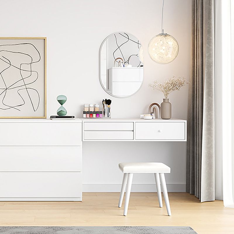Contemporary Vanity 3 Storage Drawers Dresser with Mirror Stool in White