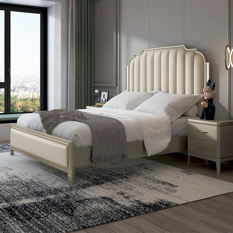 Stepped Glam Bed Frame Beech Standard Bed with Nail Head Trim Clearhalo 'Bedroom Furniture' 'Beds' 'furn' 'furn_beds' 'Furniture' 1200x1200_8e5a96b2-6ef9-48c7-8264-1663b1b38c61