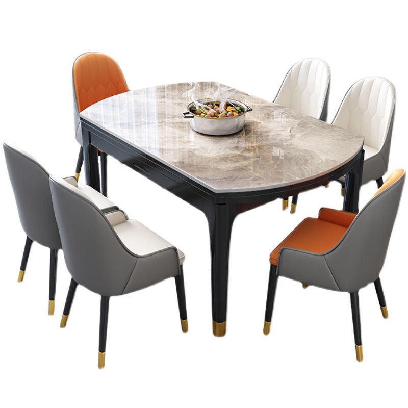 Modern Extendable Grey Stone Top Dining Table with 4 Black Steel Legs Clearhalo 'Dining Tables & Seating' 'Dining Tables' 'dining_table' 'furn' 'furn_dining_table' 'Furniture' 'Kitchen & Dining Furniture' 1200x1200_8e988106-ecc5-4413-a278-7c78561ce4f6