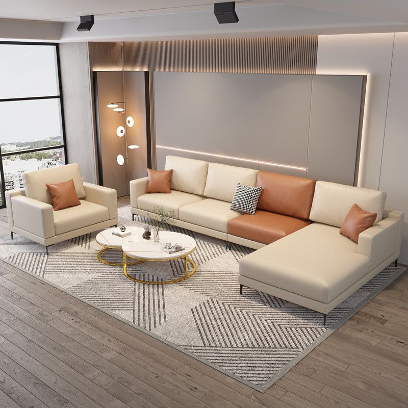 124.01" D x 62.99" W x 35.43" H Faux Leather Square Arm Sofa with Bolster Pillows Clearhalo 'furn' 'furn_sectionals' 'Furniture' 'furniture_sectionals' 'kitchen' 'kitchen_sectionals' 'Living Room Furniture' 'Sectionals' 1200x1200_8ec60dba-1df6-4f4a-80b9-0b2a7956b1d5