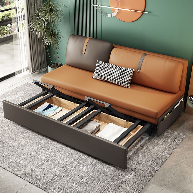 Contemporary Armless Bonded Leather Sofa Bed in Brown with Storage