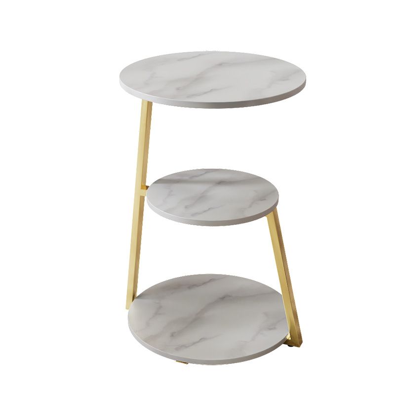 Glam Metal Side Table with Shelves Round Stone Top Accent Side Table