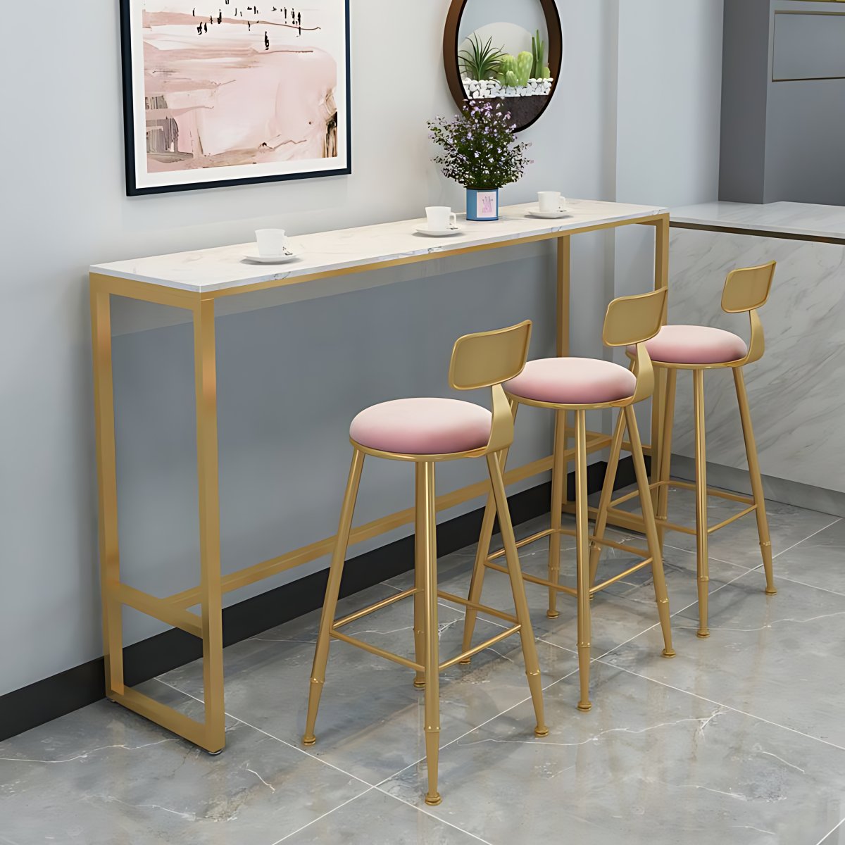 Glam Rectangle Counter Table White and Gold Trestle Stone Dinette Table ...