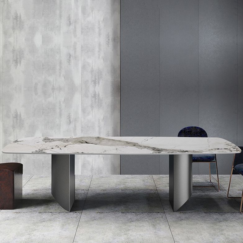 Modern Style Sintered Stone Dining Table Rectangle Table with Double Pedestal Base Clearhalo ' dining_table' 'Dining Tables & Seating' 'Dining Tables' 'furn' 'furn_dining_table' 'Furniture' 'furniture_dining_table' 'Kitchen & Dining Furniture' 'kitchen&dining_furn' 'kitchen' 'kitchen_dining_table' 1200x1200_8f11ecd8-6e2b-4b44-ada7-56adf175c50b