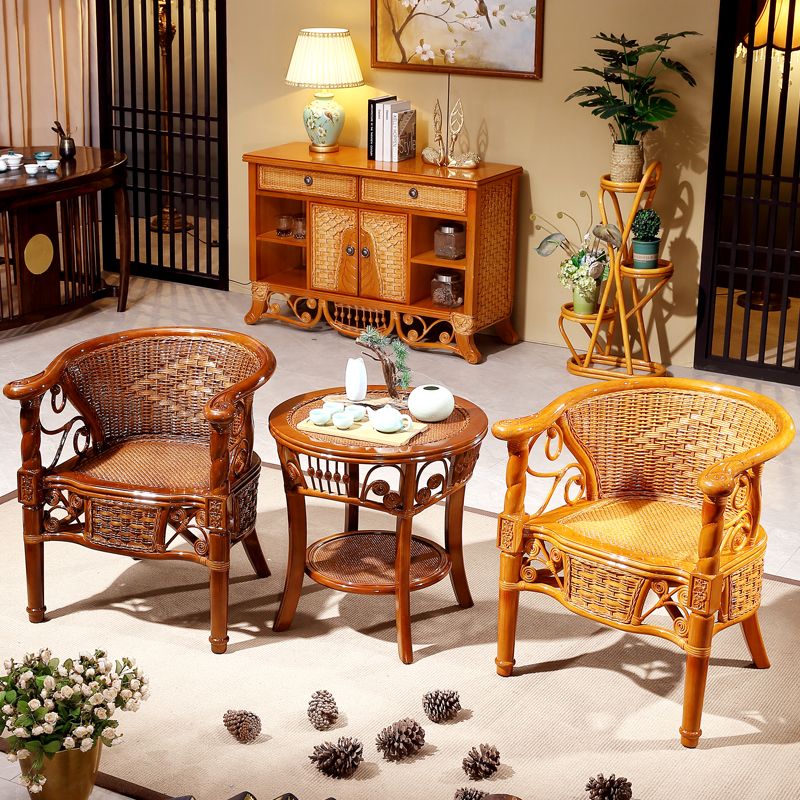 Traditional Dining Chair Rattan Solid Wood Base Arm Chair for Home Use