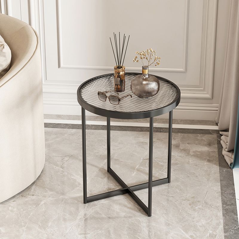 Modern Glass Side End Table Metal Cross Legs Round Corner Table